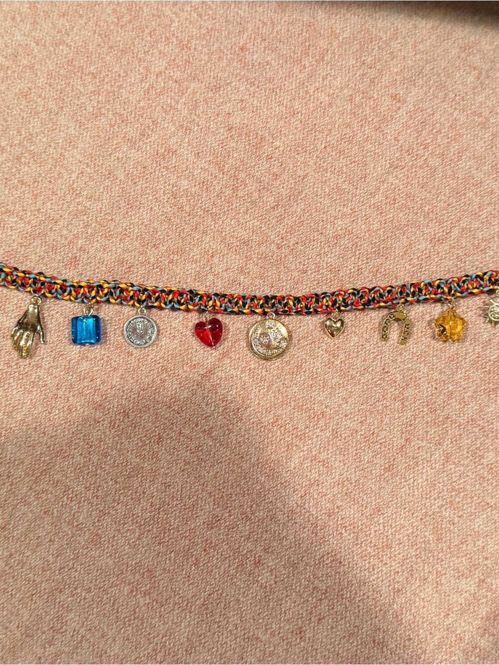 Multicolor Braided Charm for purse or tote bag Bracelet with Gold-Tone Charms